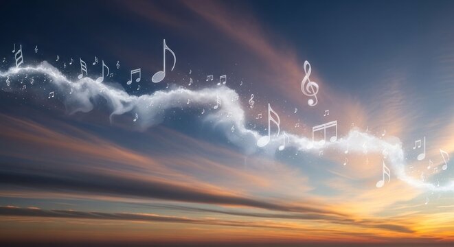 Ethereal Music Notes Floating Amongst Dreamy Clouds at Sunset.
