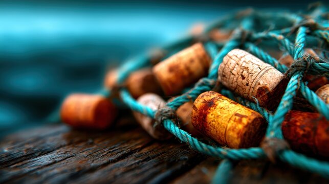 A close-up view of wine corks entangled in blue rope captures the essence of nautical life and the joy of wine, evoking memories of relaxing moments and celebrations.
