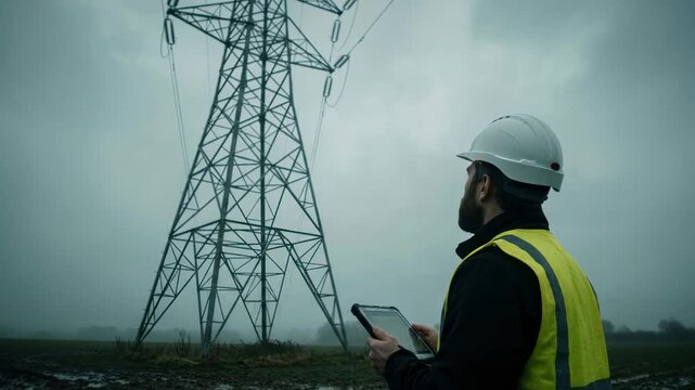 Professional electrical engineer wearing a hard hat and safety vest using a digital tablet to inspect a high voltage power line pylon in a rural field under a cloudy sky.