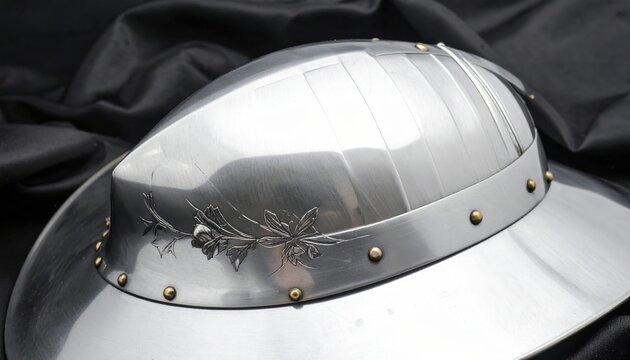 Polished steel gorget for neck protection with floral engravings and brass rivets, showcasing artisan metalwork for historical reenactment or collectors of medieval knight suit equipment.