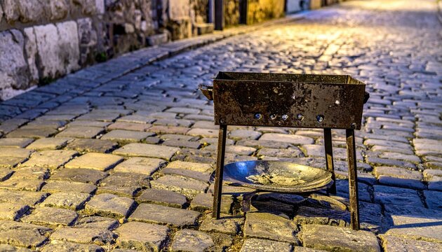 Antique iron brazier stand with a weathered metal bowl and soot residue, positioned on a historic cobblestone street at twilight, providing a rustic and cinematic atmosphere for urban design.