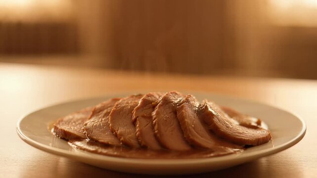 Succulent Sliced Roasted Meat with Rich Gravy on a White Plate.