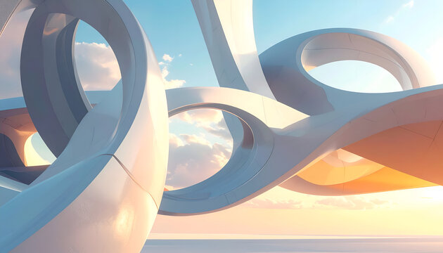 Abstract, futuristic architecture of looping, white structures against a sunset sky