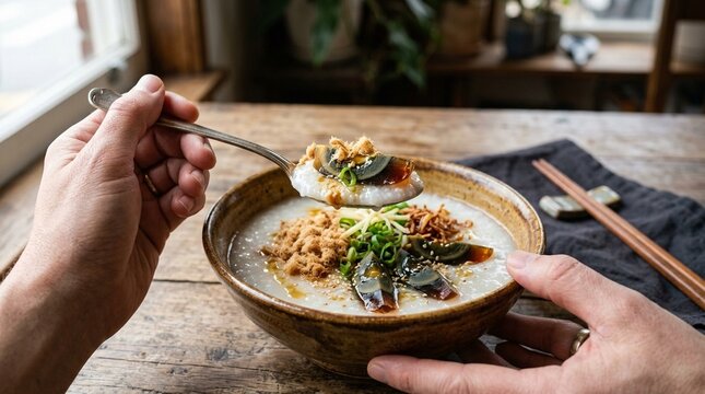Century Egg Congee &mdash; Silky Congee with Century Egg Slices and Pork Floss Chinese Porridge