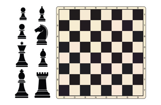 Classic Chess Board and Pieces, Black chess pieces including king queen knight bishop rook and pawn arranged next to an empty square board with alphanumeric grid markings on a white background