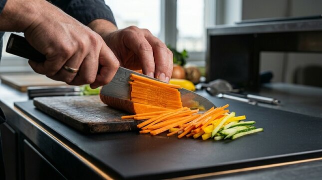 Chef Julienne Cuts &mdash; Fine Vegetable Strips on Board Classic French Knife Technique
