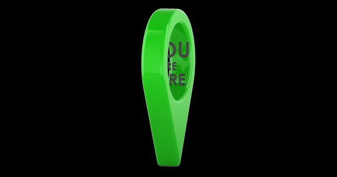 Green map pointer You Are Here, rotation animation seamlessly loopable. 3D rendering isolated on transparent background