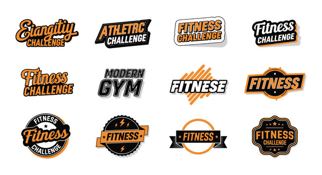 Fitness challenge logo collection bold typography and athletic badges in flat vector illustration style on a white background high quality professional detailed modern