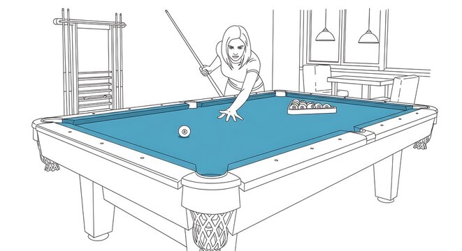 Woman playing billiards on a blue pool table with a cue stick in a line art vector style