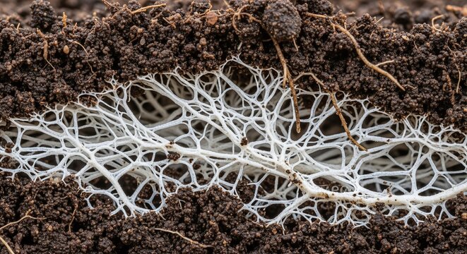 Intricate network of white fungal hyphae interwoven with rich dark soil, revealing underground life.