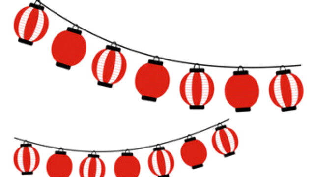 Red circular lanterns hanging in decorative string lights arrangement Vector