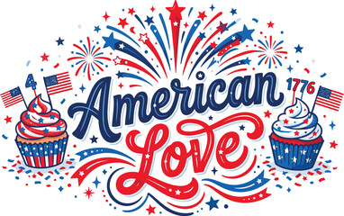 Obraz premium Patriotic american independence day graphic with cupcakes and fireworks