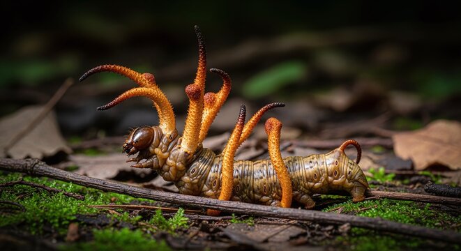 Bizarre parasitic fungus grows from a dead caterpillar on a forest floor