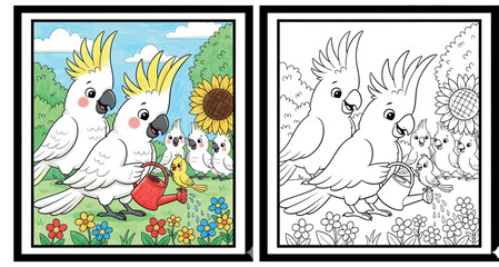 Cute Cartoon Cockatoo Family Watering Flowers with a Sunflower and Small Birds © Dewan
