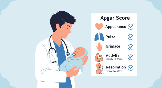 Doctor examines newborn baby, checking Apgar score for health assessment