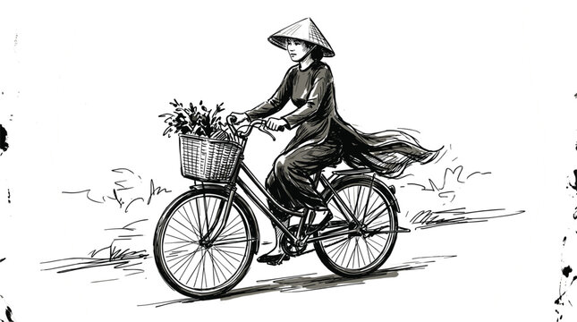 Vintage hand drawn sketch of a Vietnamese woman in Ao Dai riding a bicycle with flower basket vector illustration, 18 words.