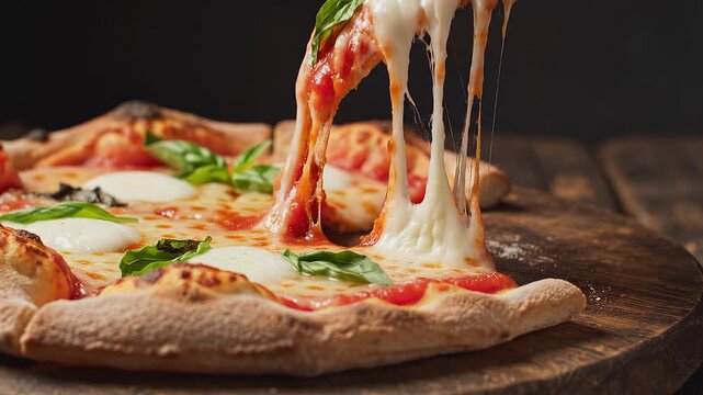Delicious close-up of a hot, cheesy pizza with melted mozzarella strings being pulled apart, garnished with fresh basil leaves on a rustic wooden board, perfect for food lovers