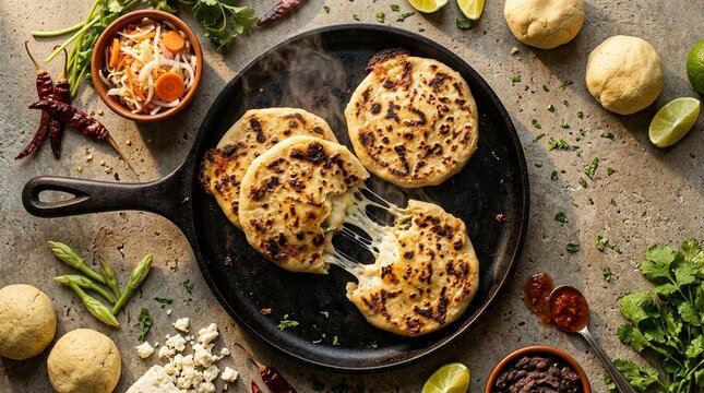 Pupusas on Griddle &mdash; Thick Stuffed Salvadoran Flatbread with Char Marks and Cheese Pull