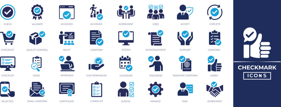 Checkmark icon set with approve, complete, correct, accept, agree, confirm, checklist, and verified symbols for task success. Vector EPS.