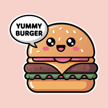 Cute cartoon burger character with a smiling face and speech bubble on pink