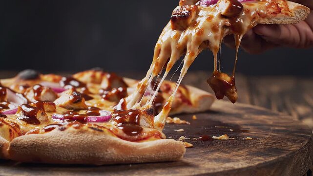 Delicious cheese pull from a savory barbecue chicken pizza, with melted cheese stretching from a slice being lifted