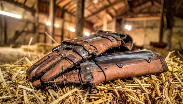 Rugged leather bracers with steel reinforcement strips and brass buckles rest on hay inside a rustic barn. This cinematic wide view captures medieval armor details for historical reenactment.