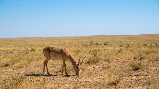 A male saiga antelope with distinct bulbous nasal structure and horns grazes in the arid grassland of the Central Asian steppe, captured in a cinematic widescreen composition under a clear sky.