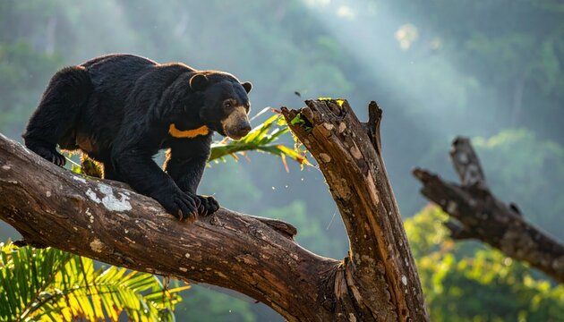 Sun bear with short black fur and distinct orange chest patch climbing a tropical tree in the jungle at sunrise, showcasing majestic wildlife behavior in a cinematic cinematic wide landscape.