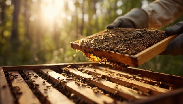 Beekeeper Inspecting Honeycomb Frame Full of Bees in Apiary.