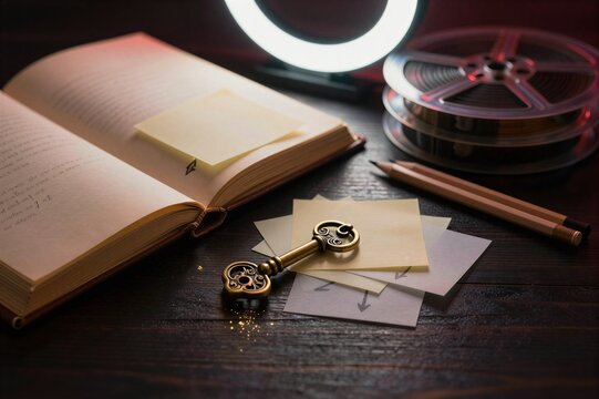 Antique key placed on notes beside open book and film reel