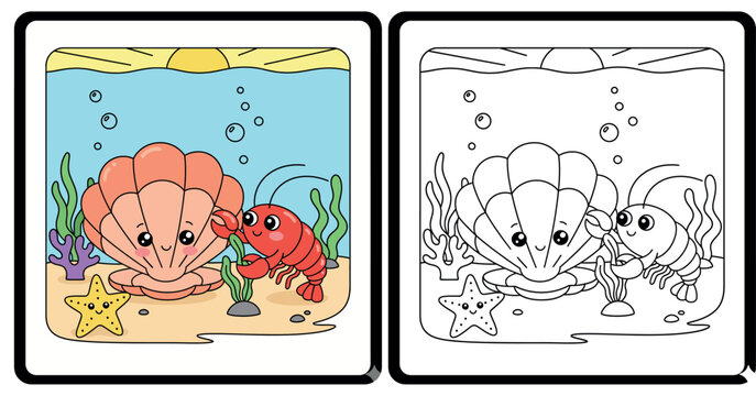 Adorable Cartoon Shell, Lobster, and Starfish in a Cheerful Underwater Scene