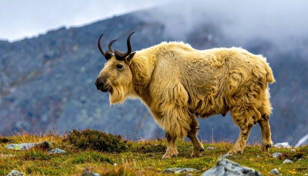 Golden takin with thick honey colored fleece standing on an alpine meadow in its mountain habitat, showcasing its massive frame and curved horns against a panoramic misty cinematic background.
