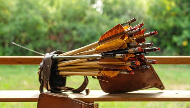 A bundle of handcrafted longbow arrows with stiff orange fletching and sharp steel tips are organized inside a leather quiver on a wooden railing, captured in a cinematic widescreen composition.
