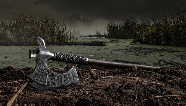 Forged steel poleaxe head with crescent blade and spike on damp peat ground, cinematic widescreen view of a medieval weapon resting in a misty marshland landscape under dark dramatic clouds.