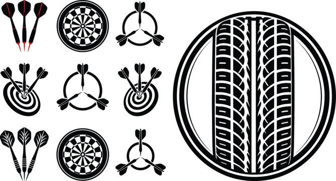 Vector illustration of dartboards with darts hitting bullseyes and circular tire tread design symbolizing precision and performance
