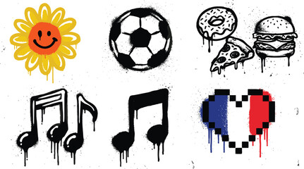 Urban graffiti style icon set with sun, soccer ball, food, music notes, and pixel heart illustration © MDMAHMUDUL