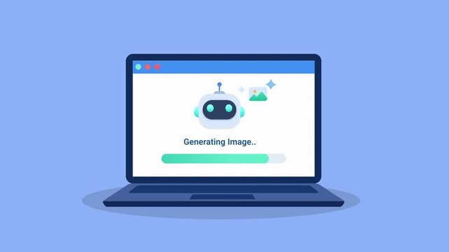 Animated illustration of a laptop displaying robotic image generation process, suitable for artificial intelligence and digital creativity concepts.