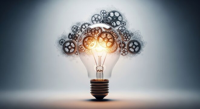 Illuminated Light Bulb with Interlocking Gears Symbolizing Innovation and Ideas.
