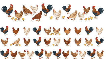 Farm Poultry Bird Collection Featuring Various Roosters, Hens, and Chicks in Flat Style for Agricultural Branding, Organic Farming Logos, and Livestock Illustration Designs © Himu 