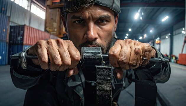 A determined soldier with grimy hands secures a heavy duty tactical strap over a large cargo container to ensure maximum stability and safety during a critical logistics transport operation.