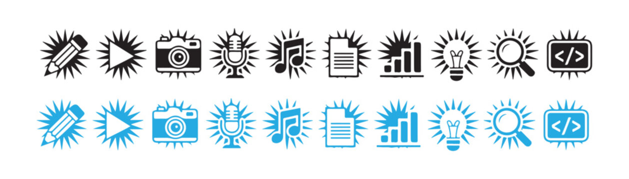 Dynamic media icons with spike borders in black and blue color variants for interface graphics.