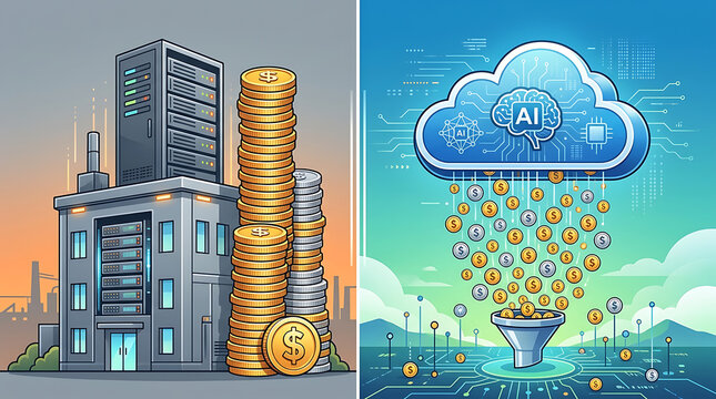On premise building server rack vs cloud AI dollar coins raining cost comparison no text
