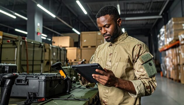 Dedicated military quartermaster using a digital tablet and barcode scanner to meticulously track and catalog new equipment supplies inside a busy organized industrial warehouse facility.