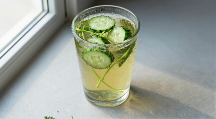 Fototapeta premium Cucumber slices steeping in herb infused sparkling drink by window