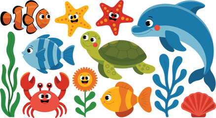 Obraz premium Cute cartoon underwater sea creatures collection featuring dolphin turtle crab starfish and tropical fish for children education and nursery decor