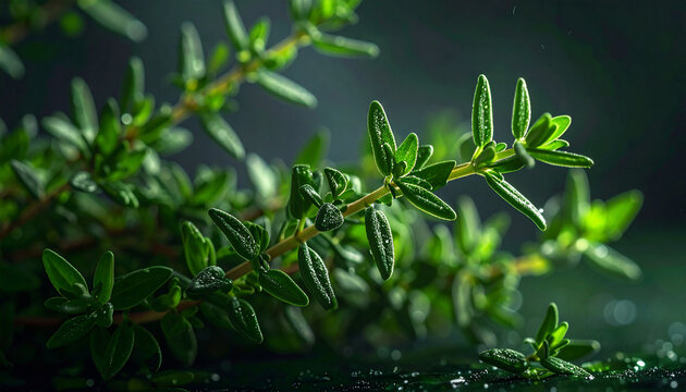 Close-up of fresh green thyme branches with water droplets on dark surface.thyme, fresh, green, herb
