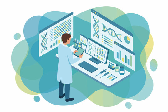 Scientist analyzing DNA data in a modern medical laboratory hub