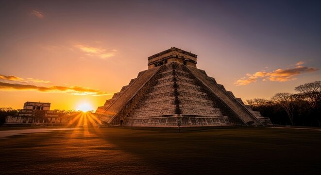 Majestic Chichen Itza Pyramid at Sunrise Golden Hour.