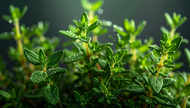 Macro shot of fresh green thyme herb with water droplets on dark background. thyme, fresh, green, herb