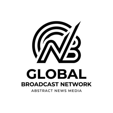 Black and white logo for Global Broadcast Network featuring a stylized GNB monogram with concentric arcs and an upward-sloping line, representing news media.